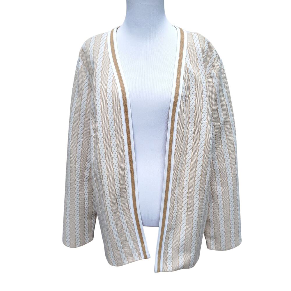 Vintage 1970s Lane Bryant White Tan Poly Stripe Open Front Jacket Fits 1X 2X - Picture 1 of 10